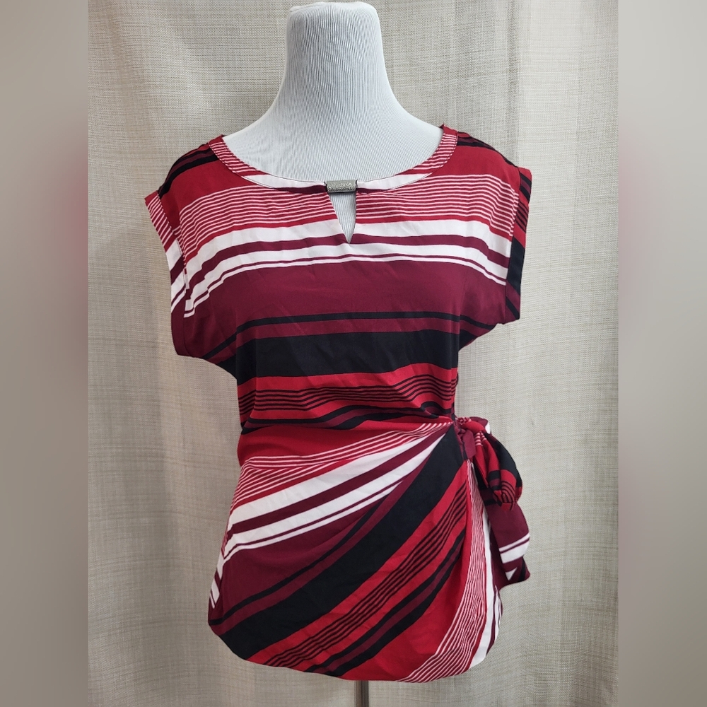 Women's Red White Black Sleeveless Blouse Stripe Sz Small NWT‎